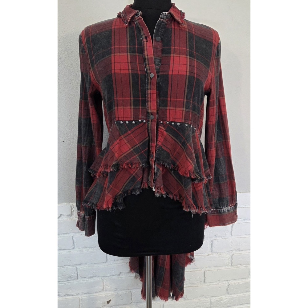 ZARA High Low Plaid Shirt Blouse Ruffled Layered Studs Rocker Edgy Size S / M